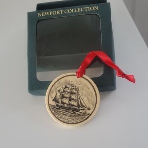 Boxed...Newport Collection Sailing Ship Ornament - Cream with Red Ribbon